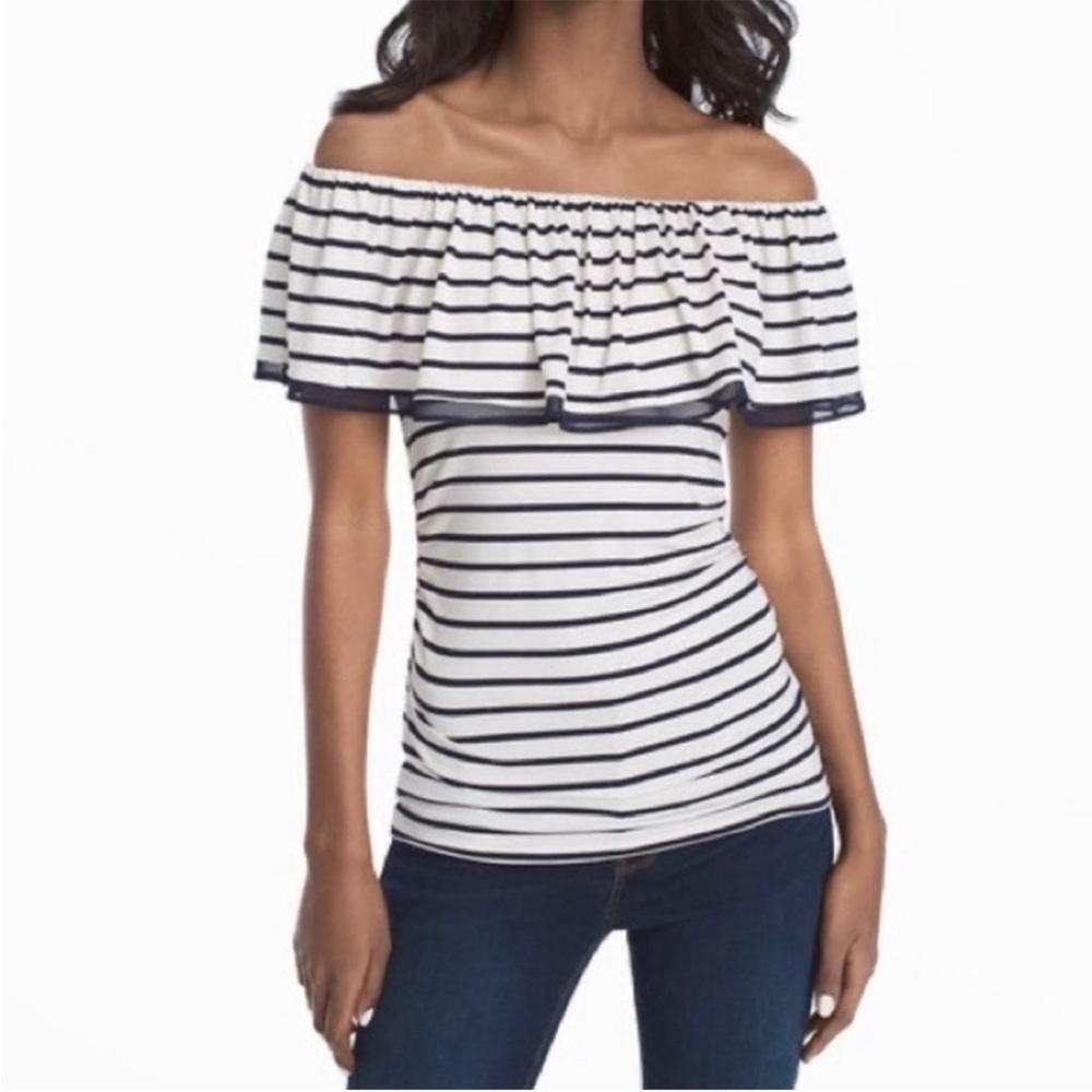 White House Black Market Striped Off Shoulder Navy Top Small